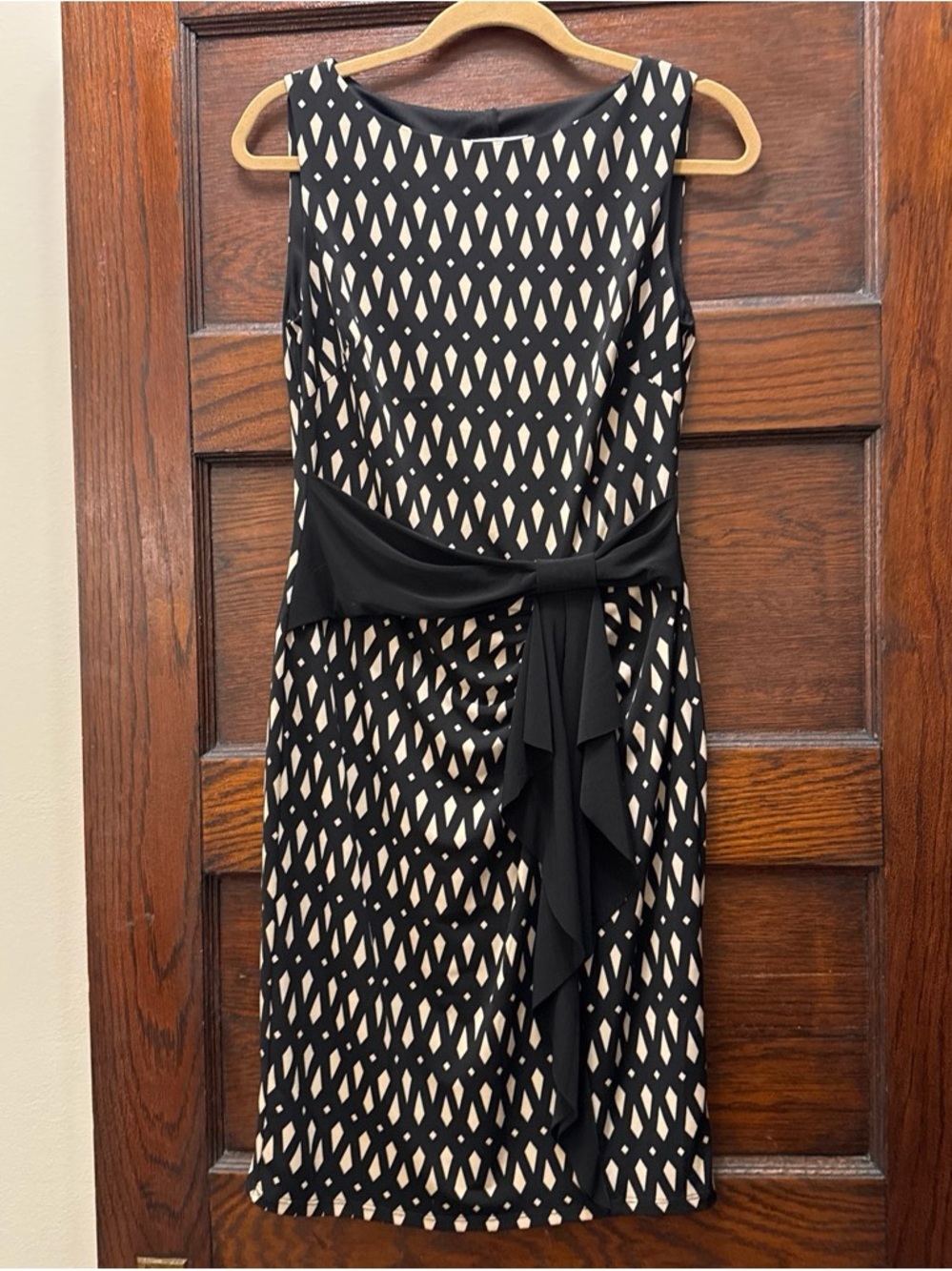 Joseph Ribkoff Black and Cream Sleeveless Sheath Dress with Draped Sash
